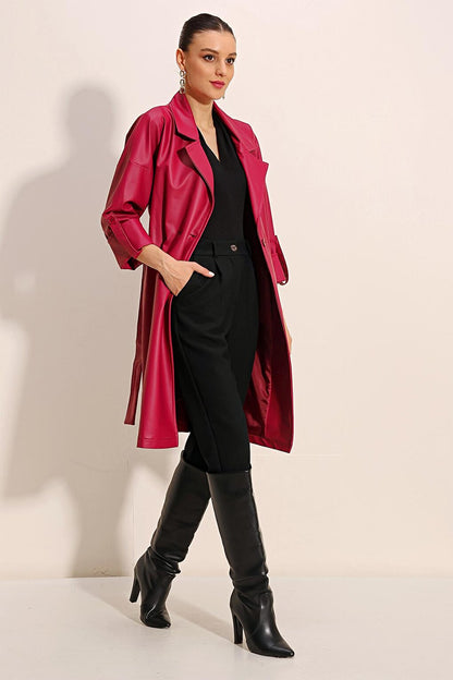 1034 Belted Faux Leather Trench Coat - Claret Red