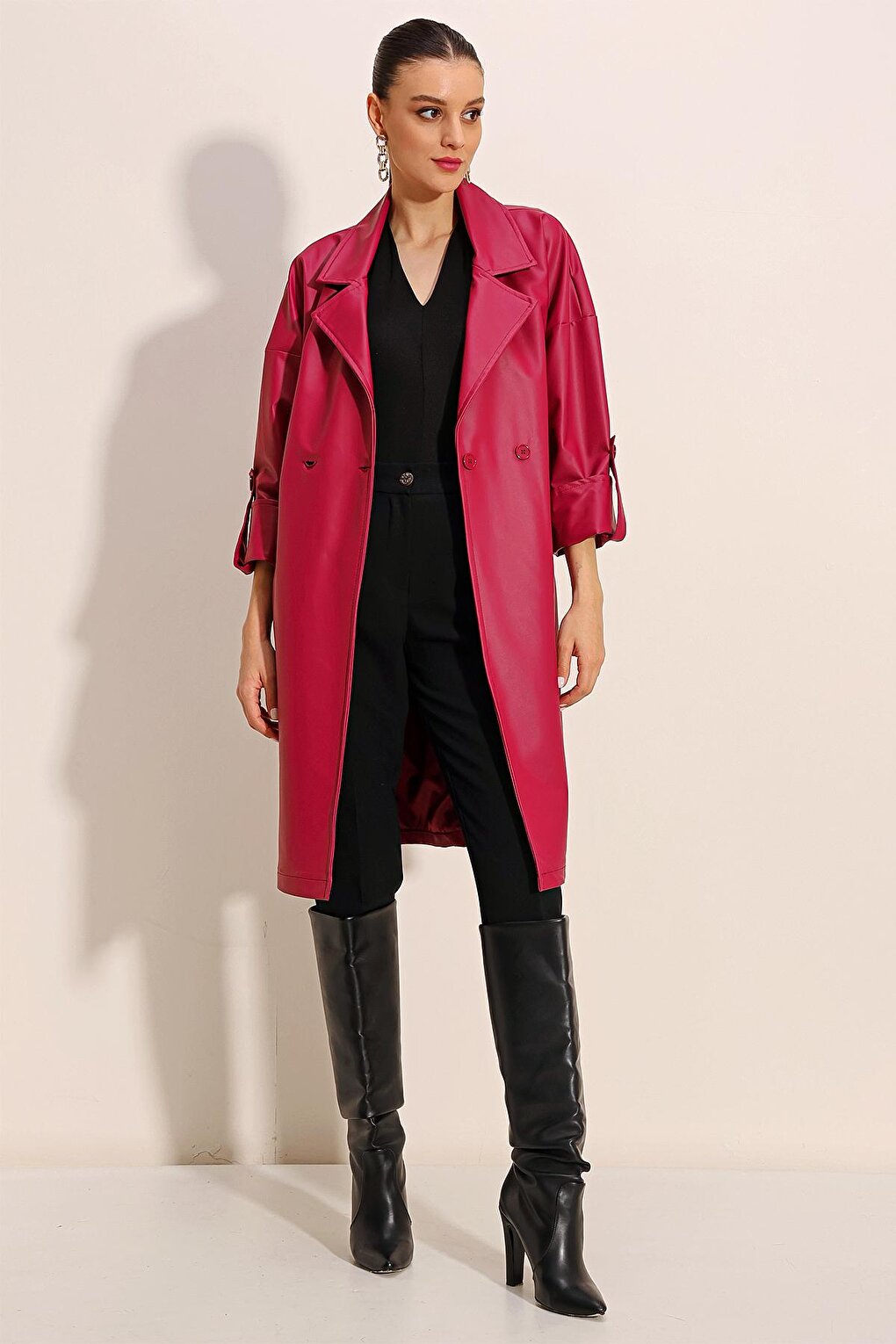 1034 Belted Faux Leather Trench Coat - Claret Red