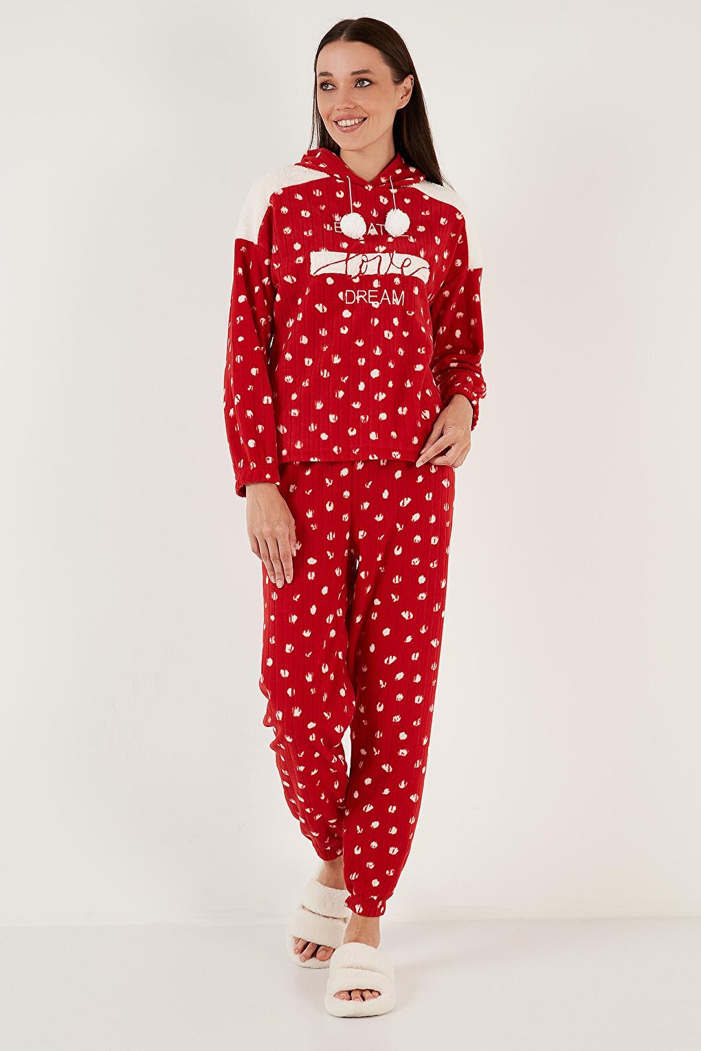 Patterned Regular Fit Hooded Fleece Pajama Set 6571001