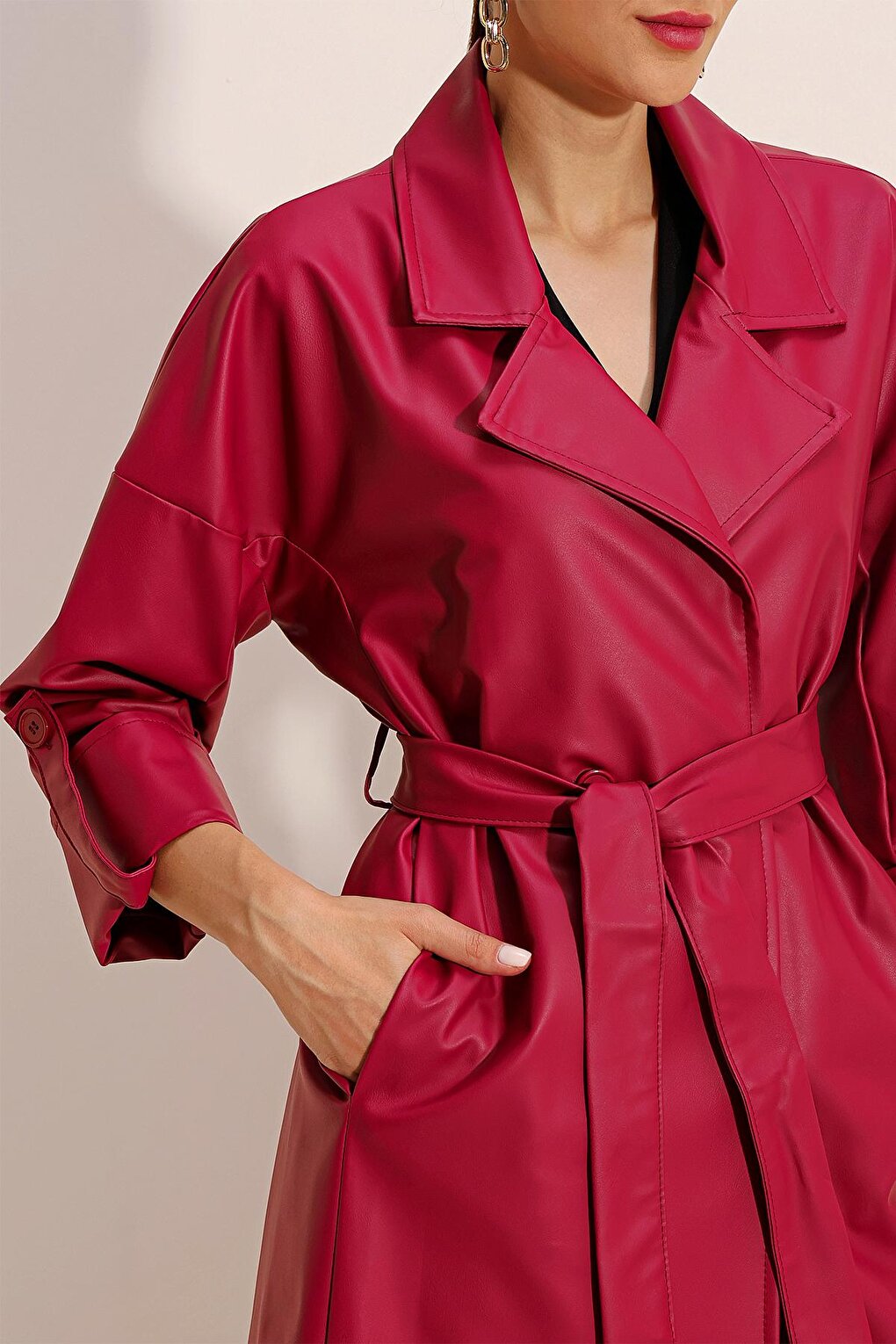 1034 Belted Faux Leather Trench Coat - Claret Red