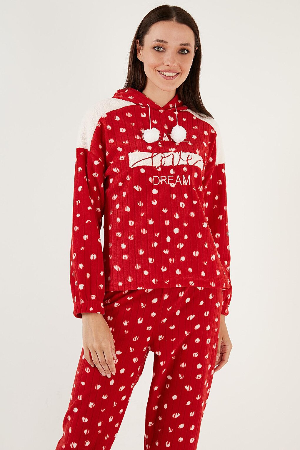 Patterned Regular Fit Hooded Fleece Pajama Set 6571001