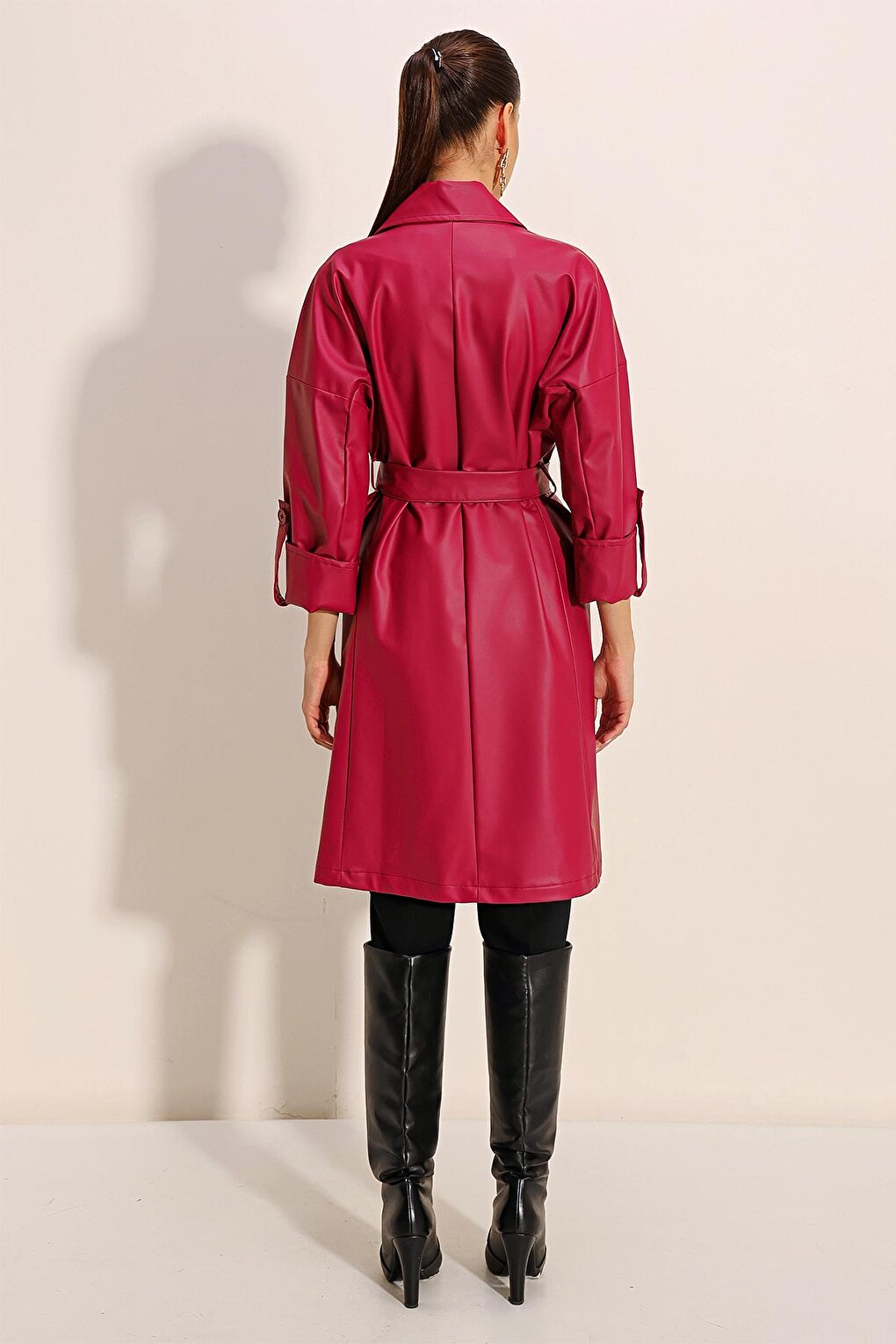 1034 Belted Faux Leather Trench Coat - Claret Red