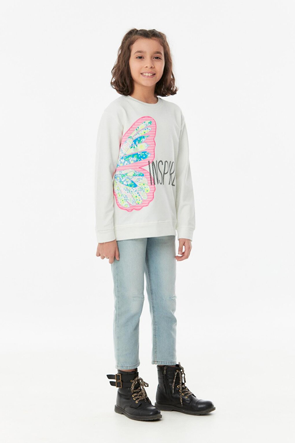 Butterfly Printed Crew Neck Girl's Sweatshirt