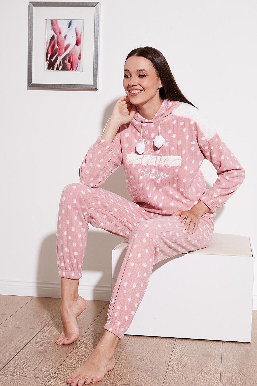 Patterned Regular Fit Hooded Fleece Pajama Set 6571001