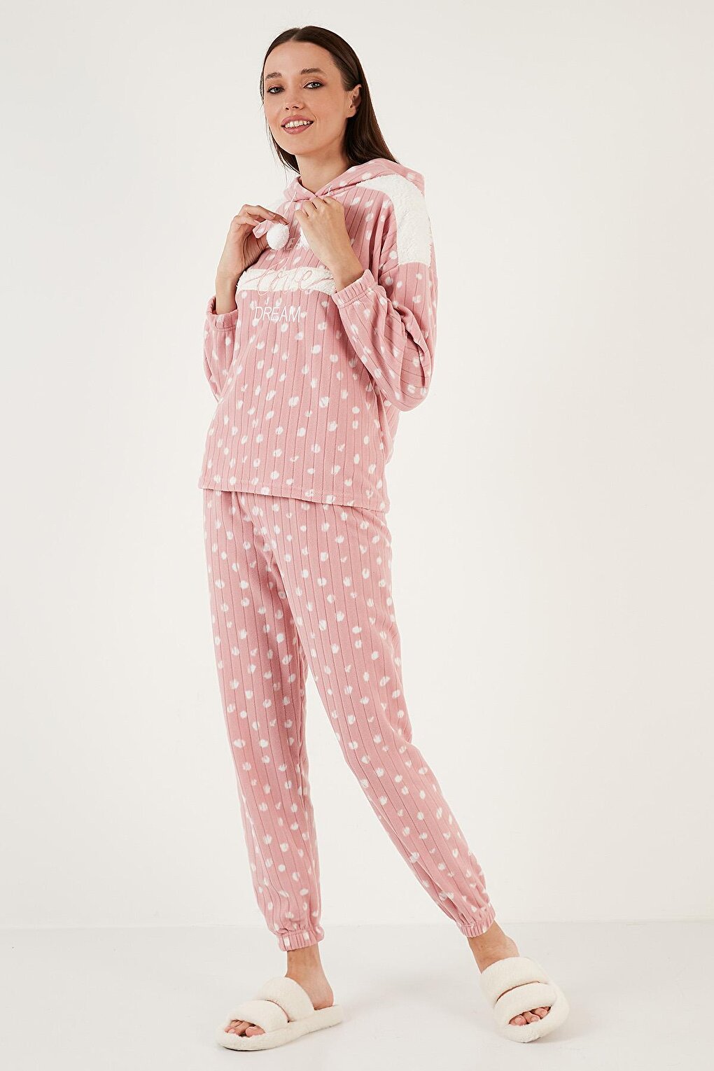 Patterned Regular Fit Hooded Fleece Pajama Set 6571001