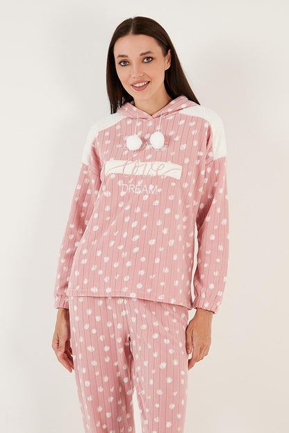 Patterned Regular Fit Hooded Fleece Pajama Set 6571001