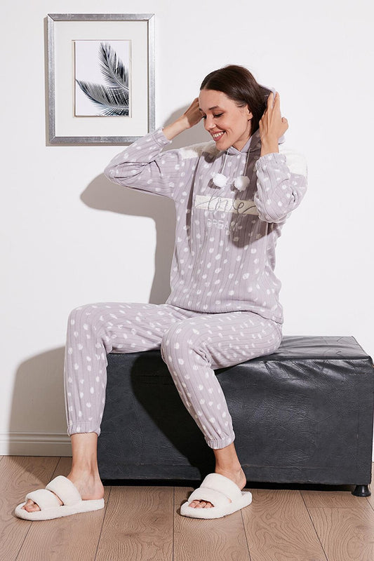 Patterned Regular Fit Hooded Fleece Pajama Set 6571001