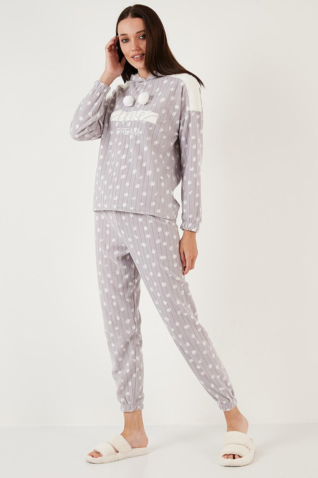 Patterned Regular Fit Hooded Fleece Pajama Set 6571001