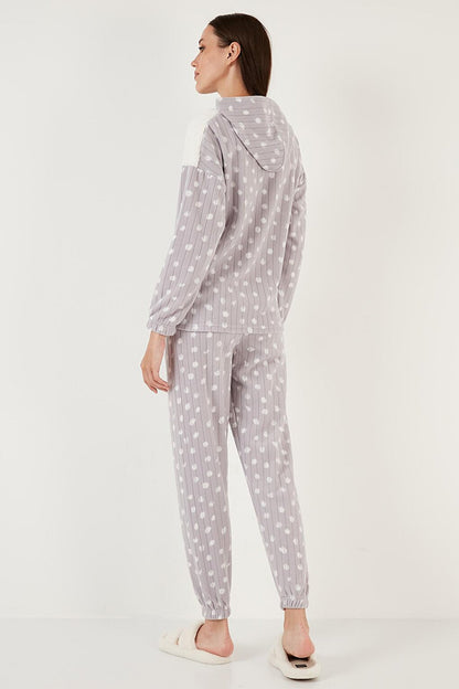 Patterned Regular Fit Hooded Fleece Pajama Set 6571001