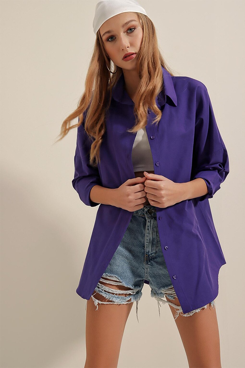 Women's Dark Purple Plain Plain Araboy Basic Oversize Shirt