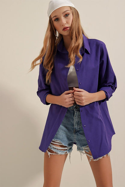 Women's Dark Purple Plain Plain Araboy Basic Oversize Shirt