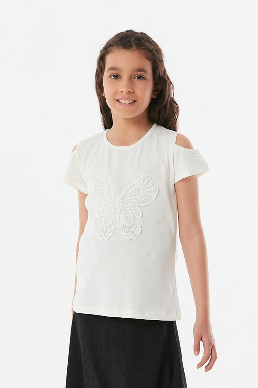 Butterfly Embroidered Shoulder Detailed Girl's T-Shirt