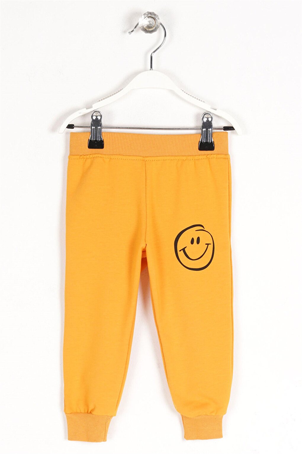 Boys' Mustard Colored Smiley Face Printed Sweatpants with Elastic Waist Cuff