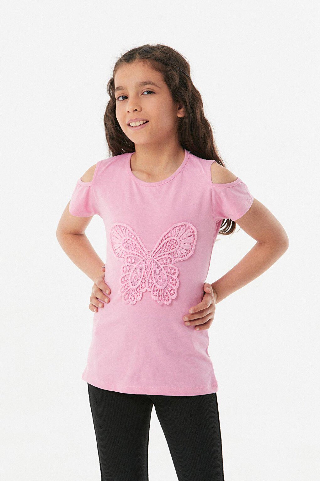 Butterfly Embroidered Shoulder Detailed Girl's T-Shirt