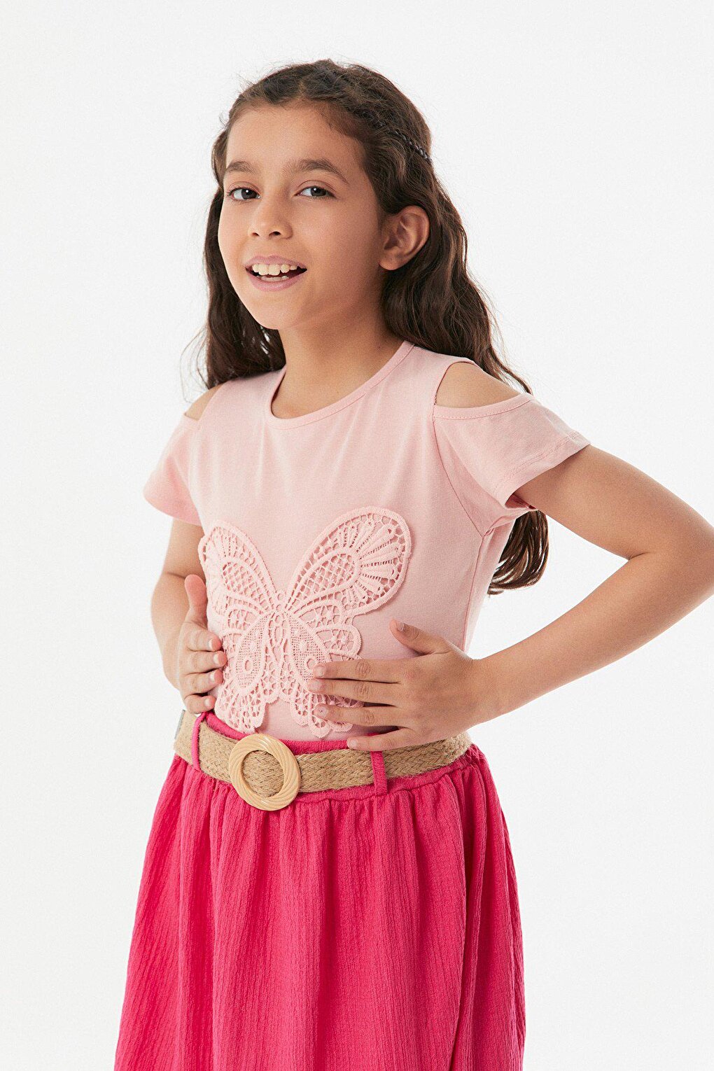 Butterfly Embroidered Shoulder Detailed Girl's T-Shirt