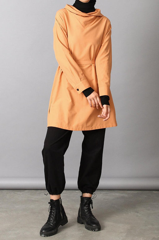 Orange Decal Collar Detailed Belted Tunic