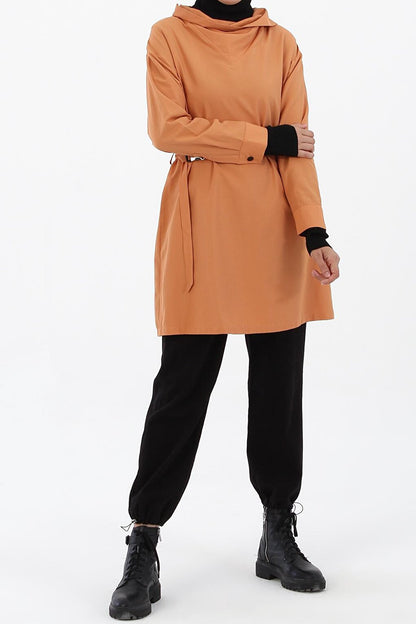 Orange Decal Collar Detailed Belted Tunic