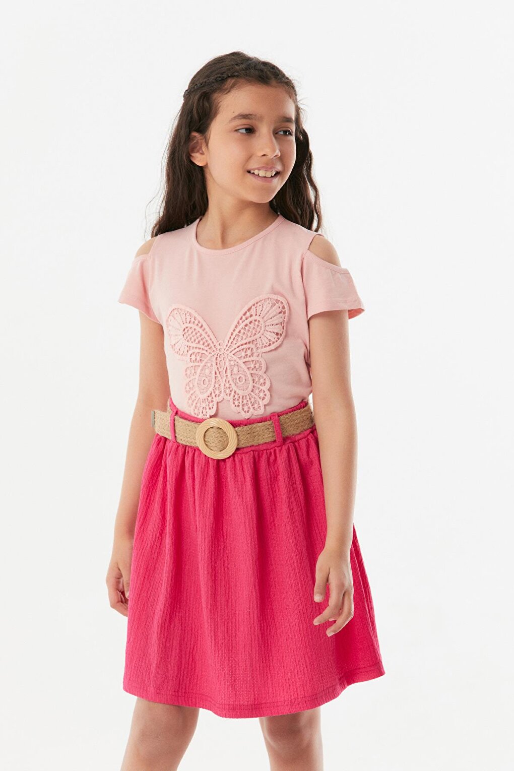 Butterfly Embroidered Shoulder Detailed Girl's T-Shirt