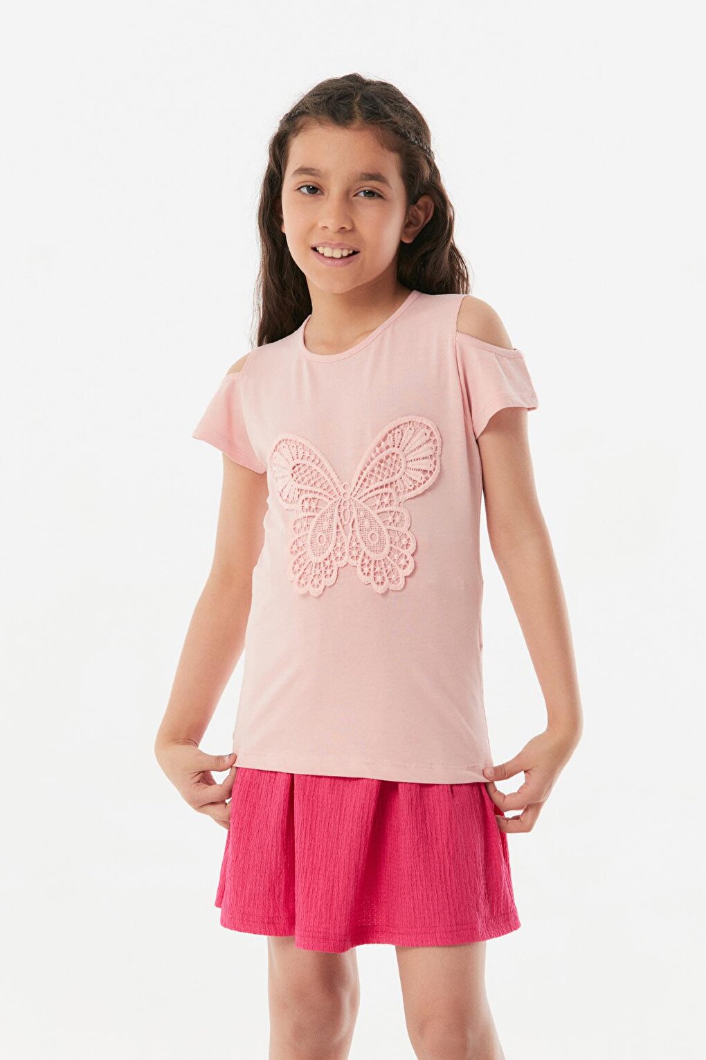 Butterfly Embroidered Shoulder Detailed Girl's T-Shirt