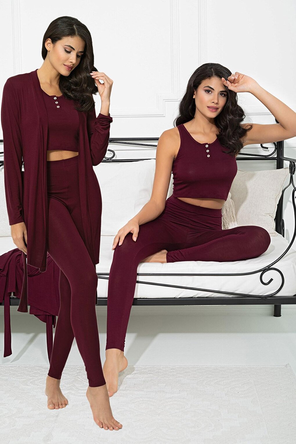 3-Piece Combed Cotton Dressing Gown Athlete Tights Claret Red Set