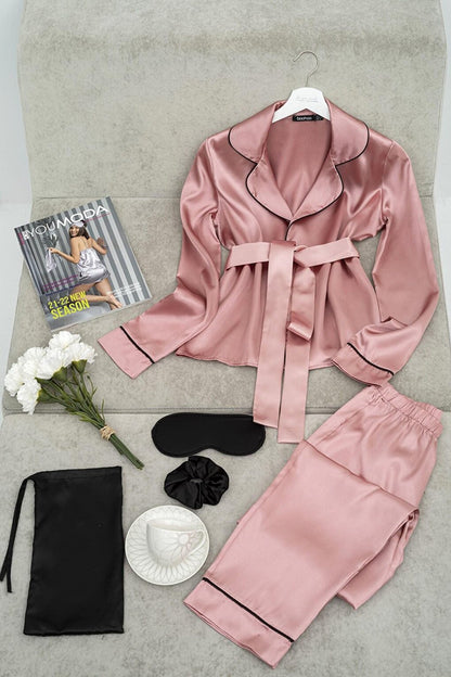 5-Piece Double Breasted Belted Dusty Rose Pajama Set