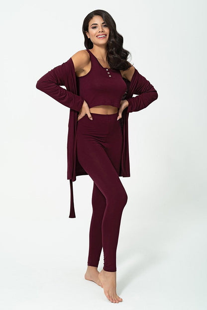 3-Piece Combed Cotton Dressing Gown Athlete Tights Claret Red Set