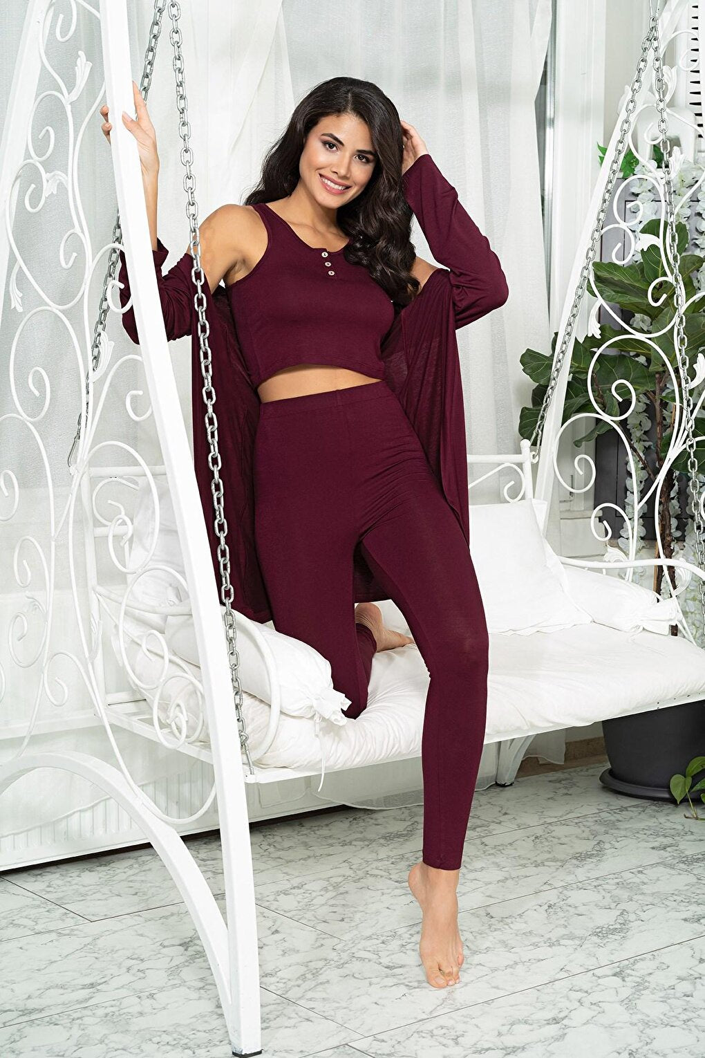 3-Piece Combed Cotton Dressing Gown Athlete Tights Claret Red Set