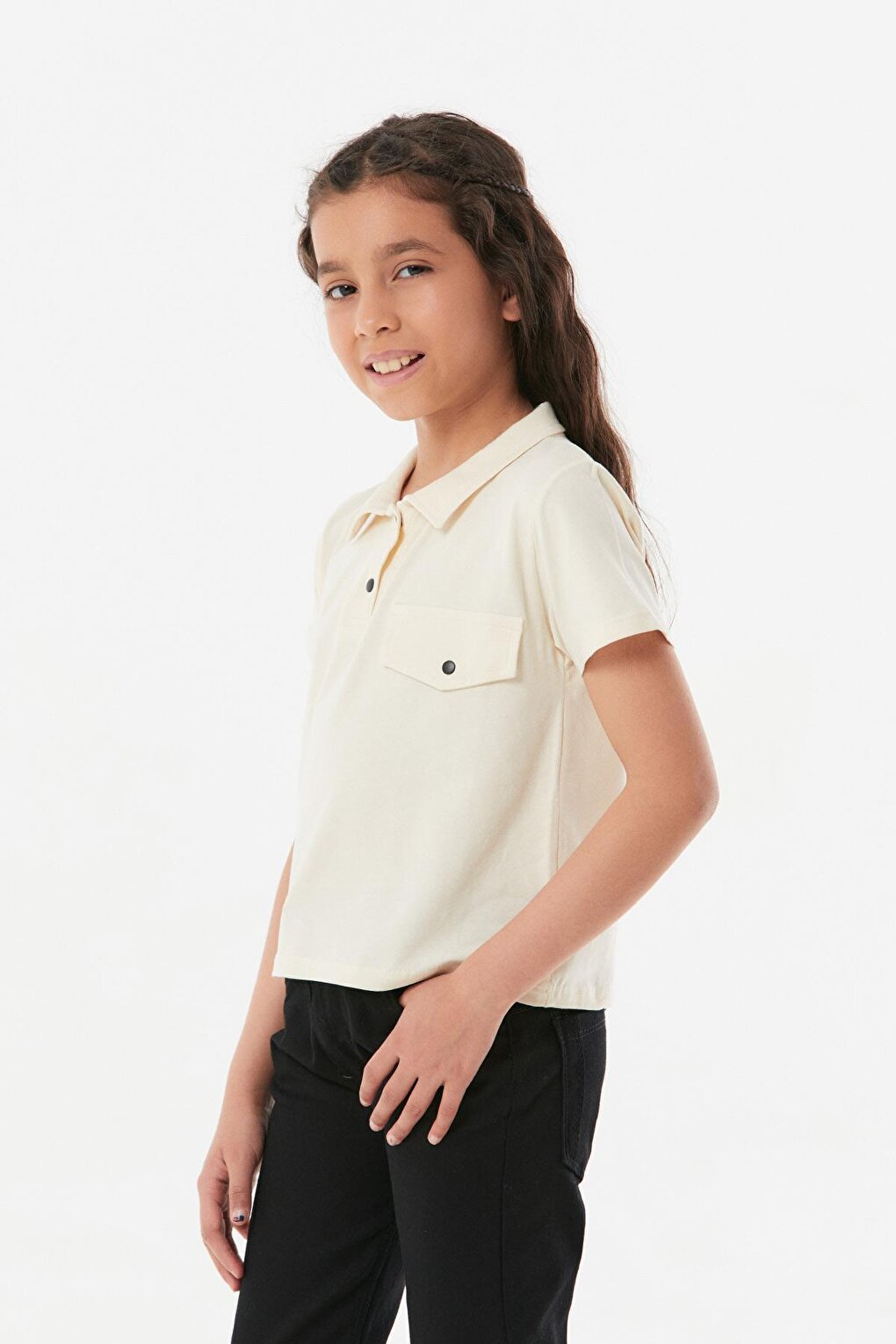 Polo Neck Girl's T-Shirt with Pocket Detail