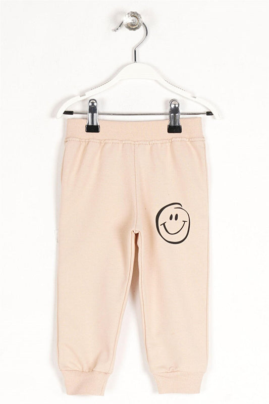 Boy's Stone Colored Smiley Face Printed Sweatpants with Elastic Waist Cuff