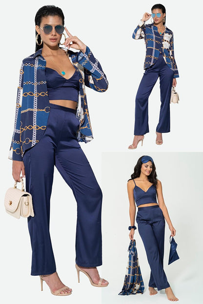 6-Piece Satin Chain Pattern Shirt with Bustier Navy Blue Bottom Top Set