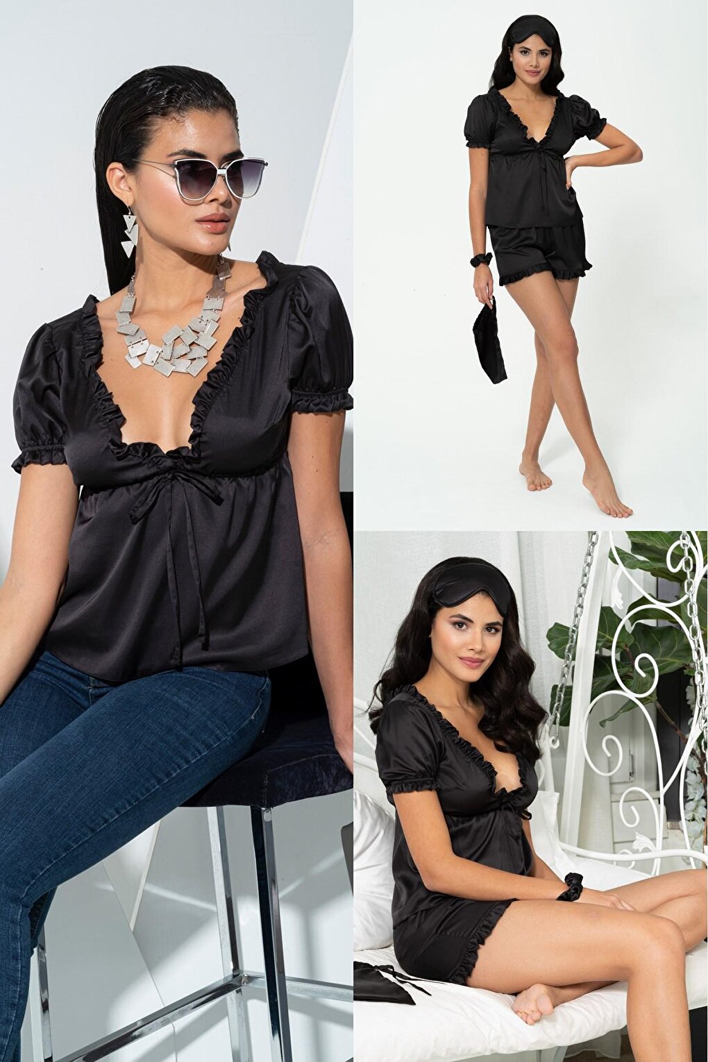 5-Piece Inside &amp; Outside Ruffle Black Pajama Set