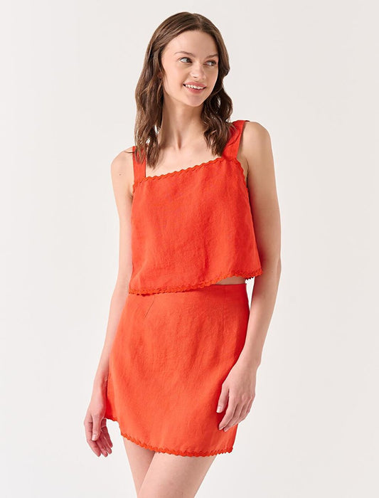 Orange Straight Cut Detailed Mini Linen Skirt