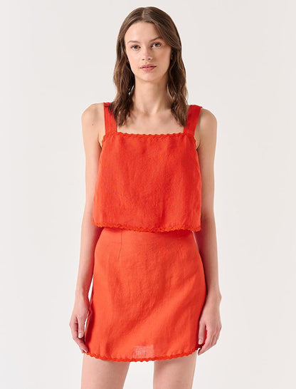 Orange Straight Cut Detailed Mini Linen Skirt