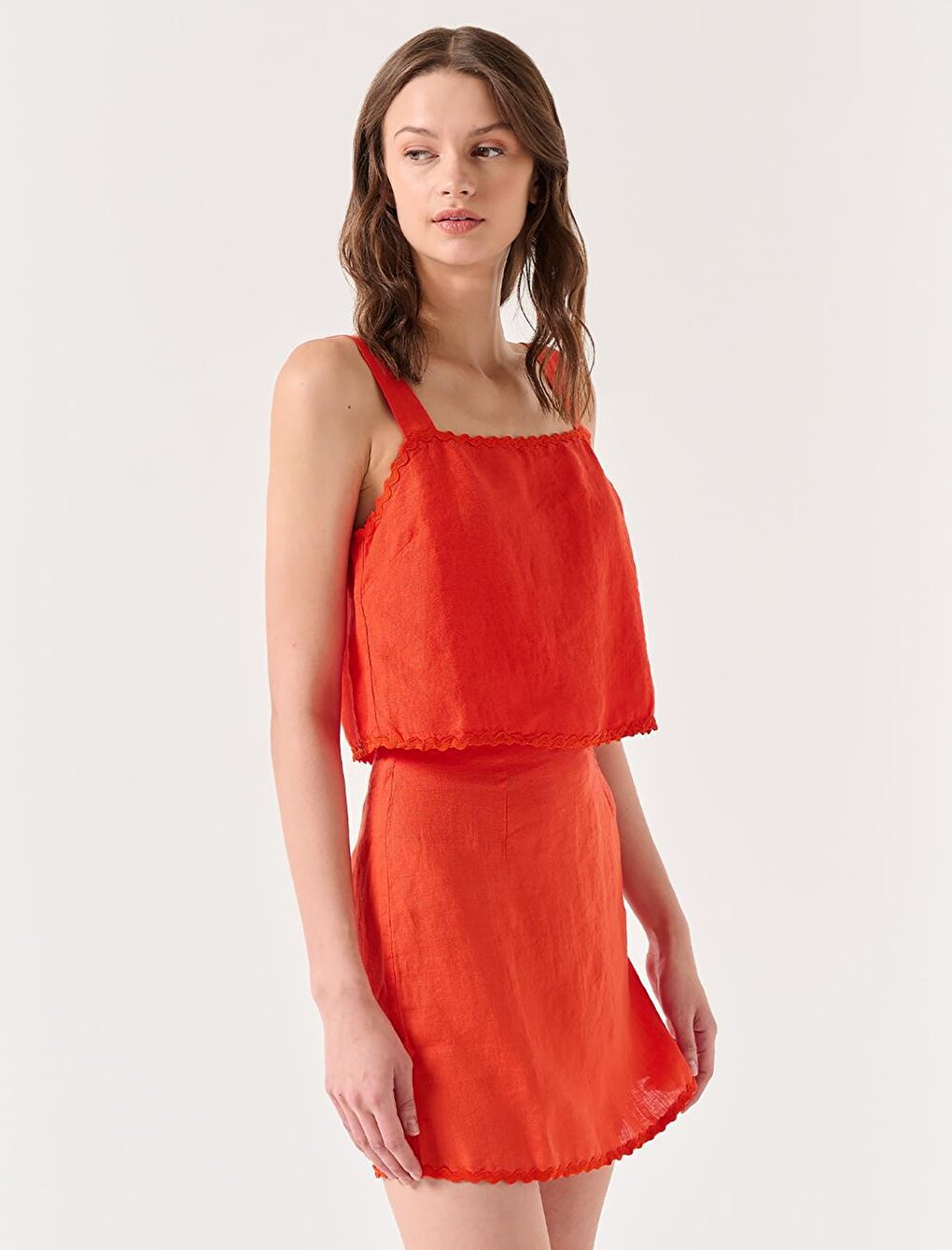 Orange Straight Cut Detailed Mini Linen Skirt