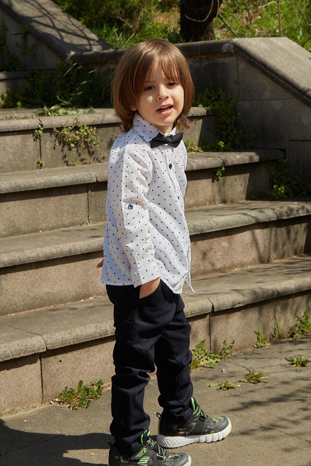 Printed Sleeve Foldable Bow Tie Boy's Shirt