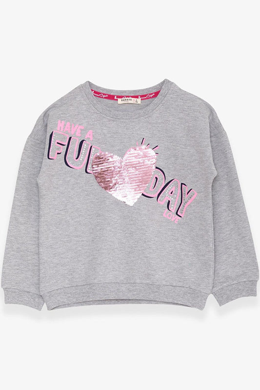 Girl's Sweatshirt Sequined Text Printed Light Gray Melange (Age 4-6)