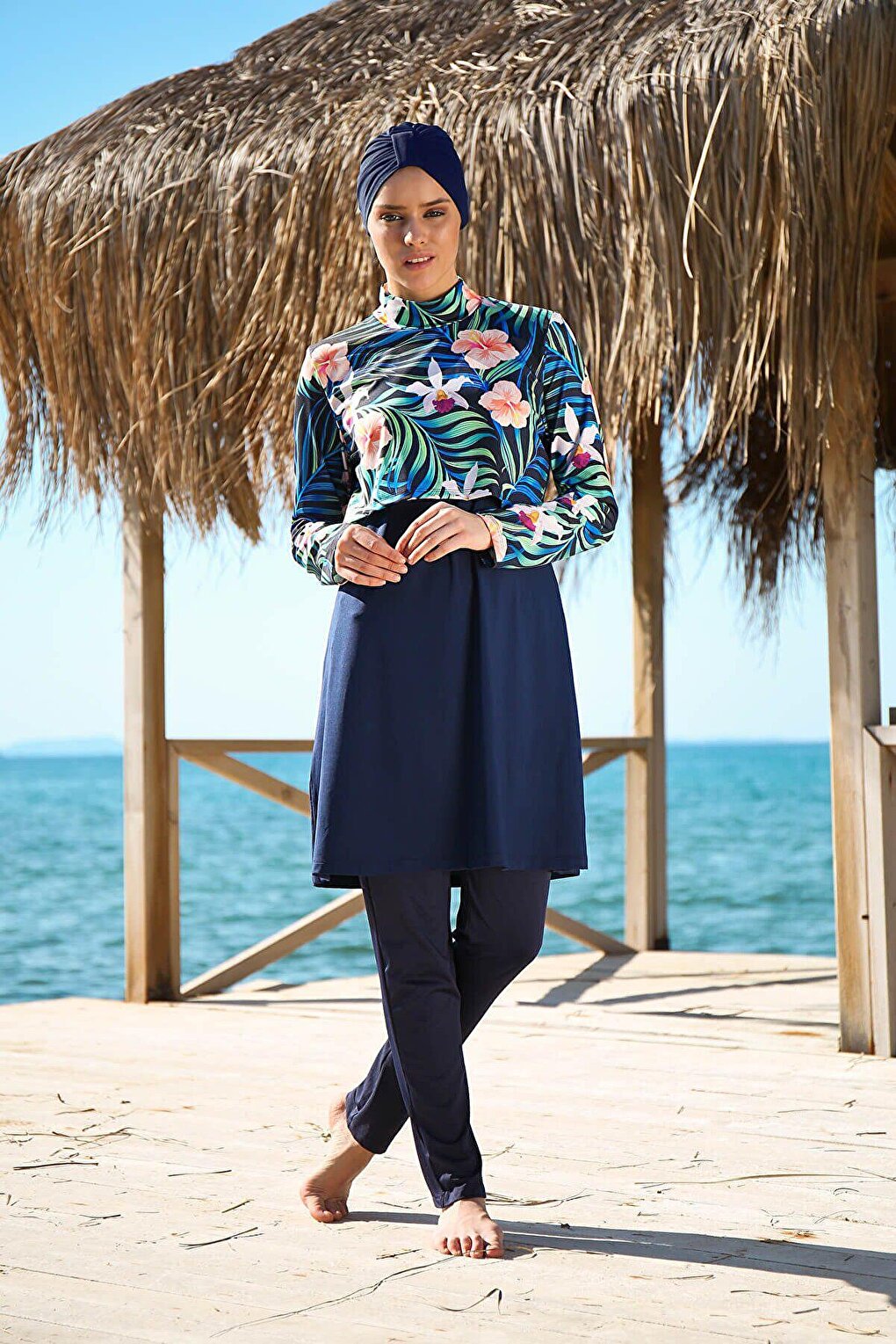 4-Piece Navy Blue Floral Patterned Fully Covered Hijab Swimsuit with Rope Tie 1971