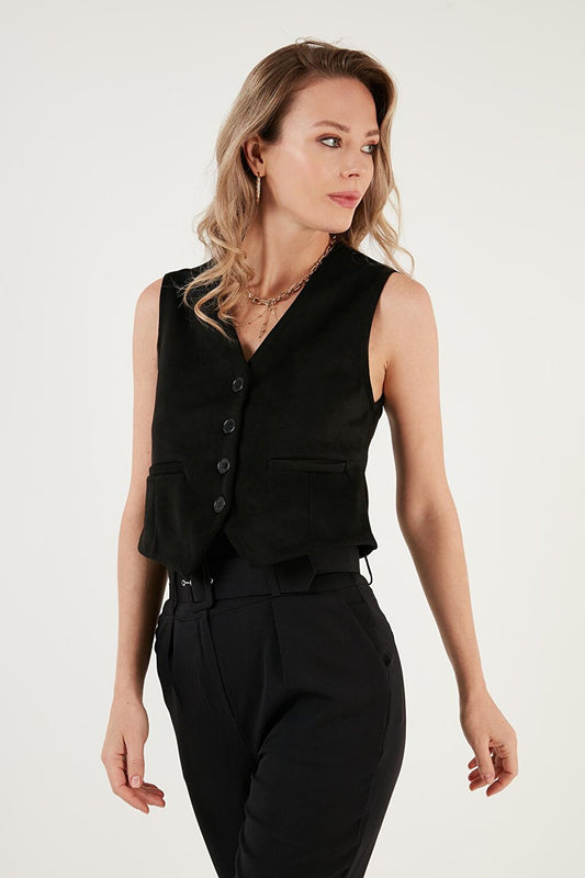 Fitted V-Neck Buttoned Crop Scuba Classic Vest 5865576