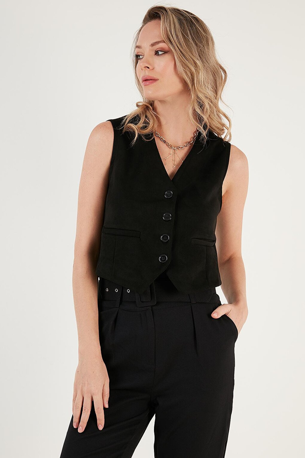 Fitted V-Neck Buttoned Crop Scuba Classic Vest 5865576