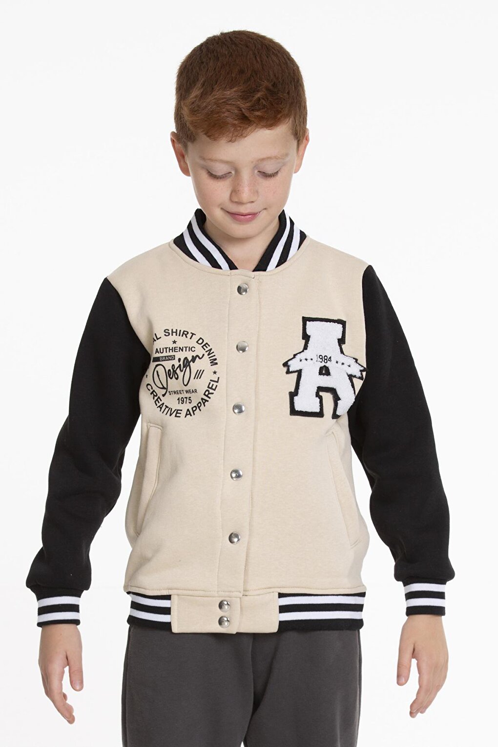 Boy's College Coat Large A Printed Buttoned Snap Fastener Bomber Jacket AK2513110