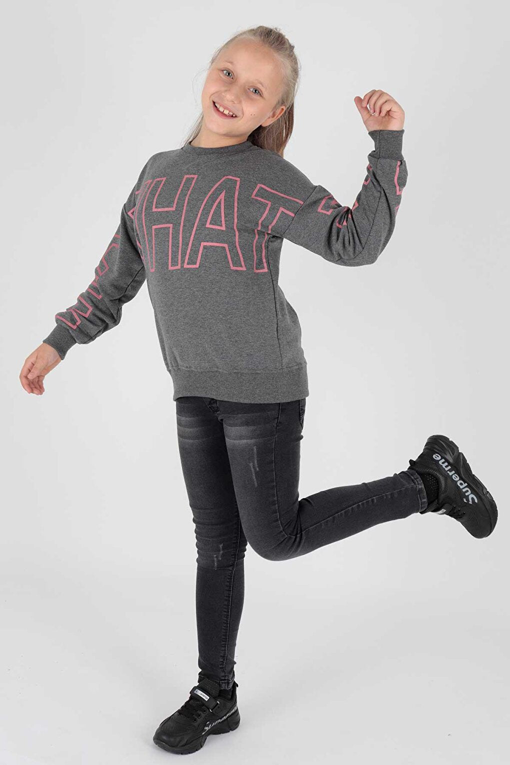 Kids Girl What Printed Sweat Long Sleeve Sweatshirt Cotton Ak15153