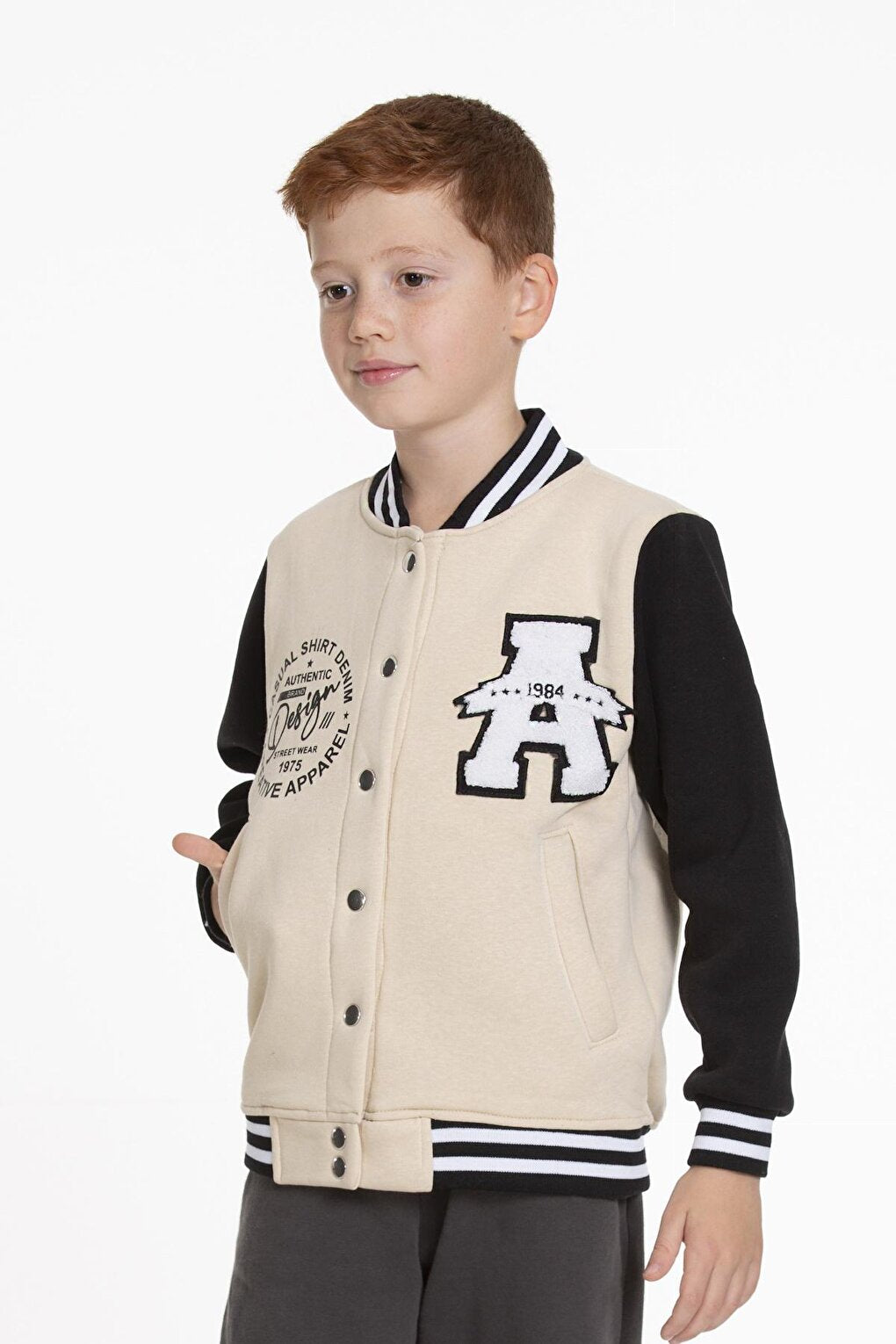 Boy's College Coat Large A Printed Buttoned Snap Fastener Bomber Jacket AK2513110