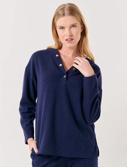 Navy Blue Loose Hooded Knitted Sweatshirt