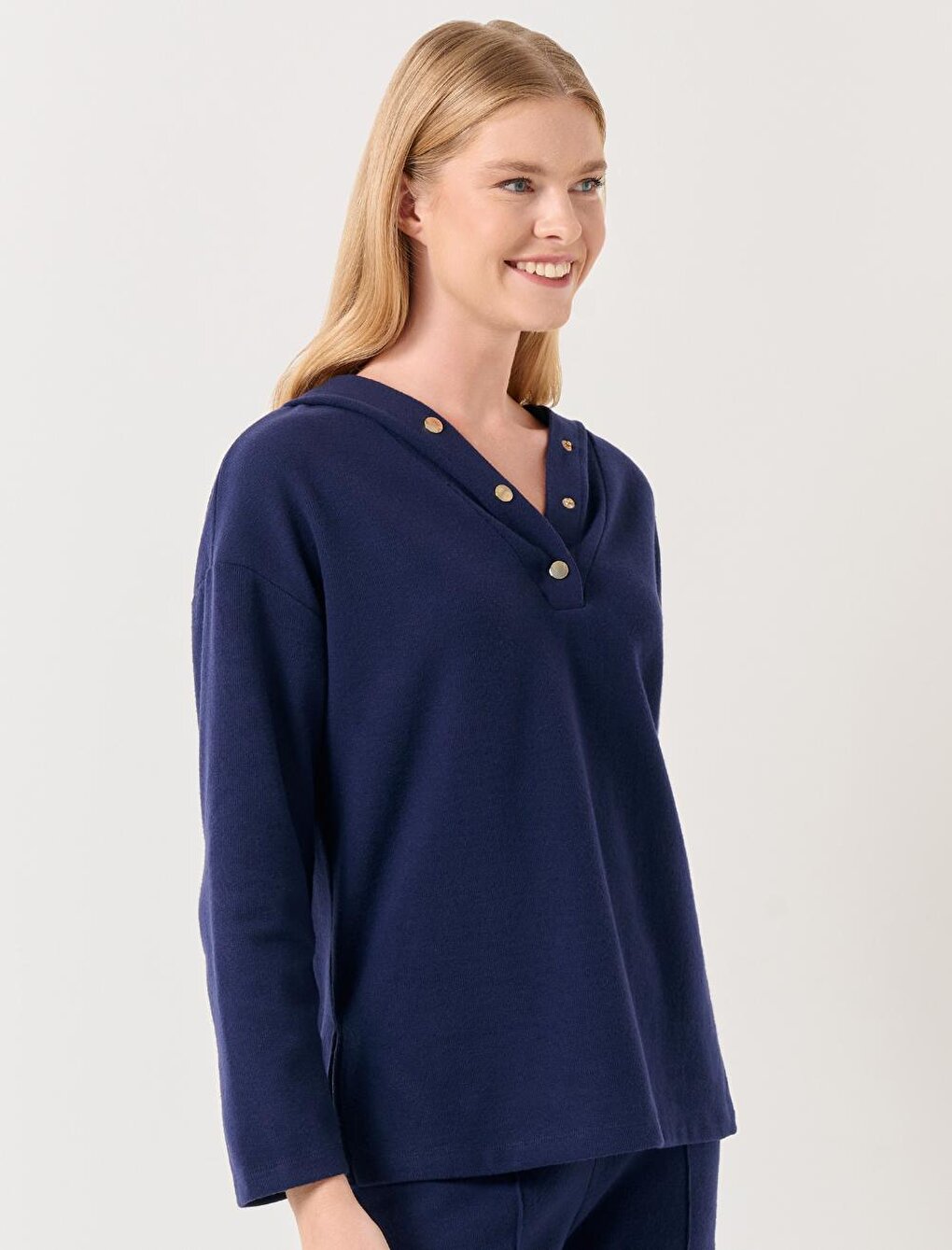 Navy Blue Loose Hooded Knitted Sweatshirt