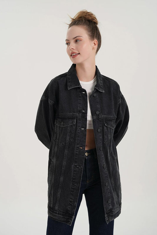 Anthracite Oversize Long Buttoned Jean Jacket C 4538-163