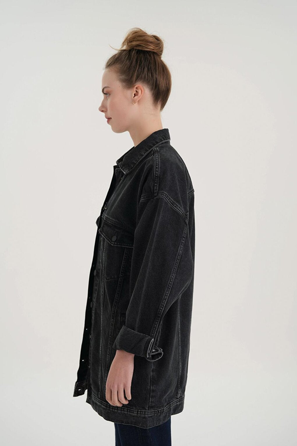 Anthracite Oversize Long Buttoned Jean Jacket C 4538-163