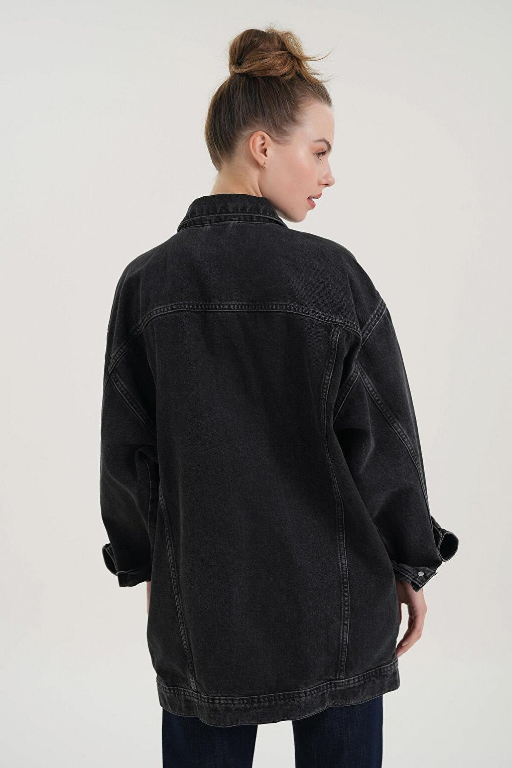 Anthracite Oversize Long Buttoned Jean Jacket C 4538-163