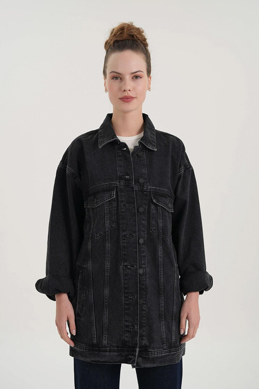 Anthracite Oversize Long Buttoned Jean Jacket C 4538-163