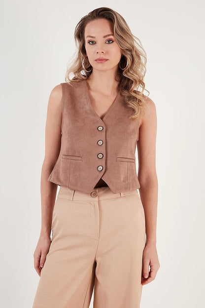 Fitted V-Neck Buttoned Crop Scuba Classic Vest 5865576