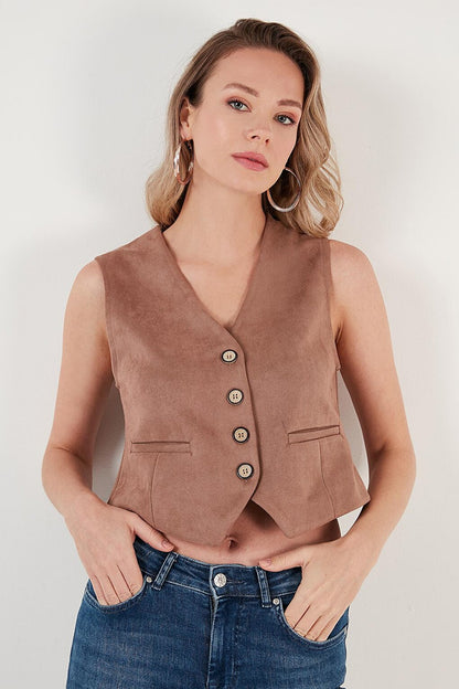 Fitted V-Neck Buttoned Crop Scuba Classic Vest 5865576